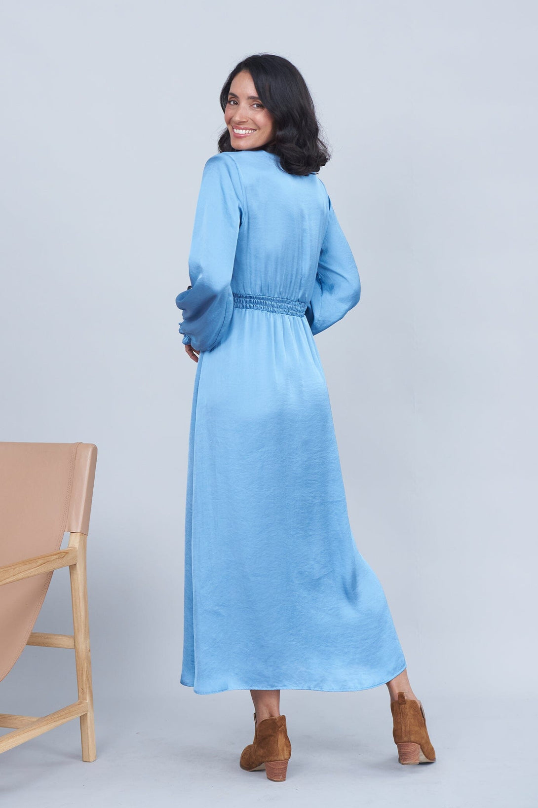 Georgina Long Sleeve Dress Blue Grey with Ruched Sleeve Dress