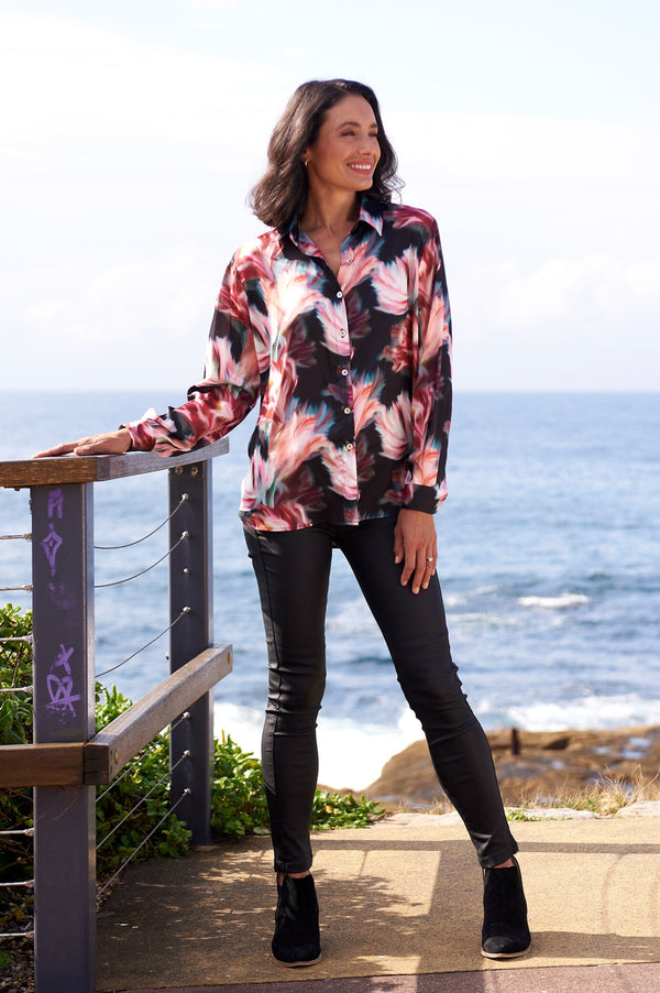 Romy Floral Collared Long Sleeve Shirt Tops