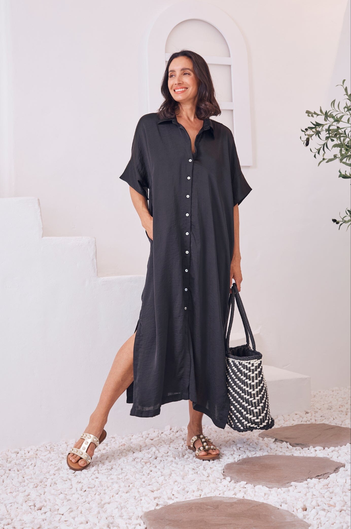 Giselle Collared Dress – Black Straight Cut Button-Down Midi Dress