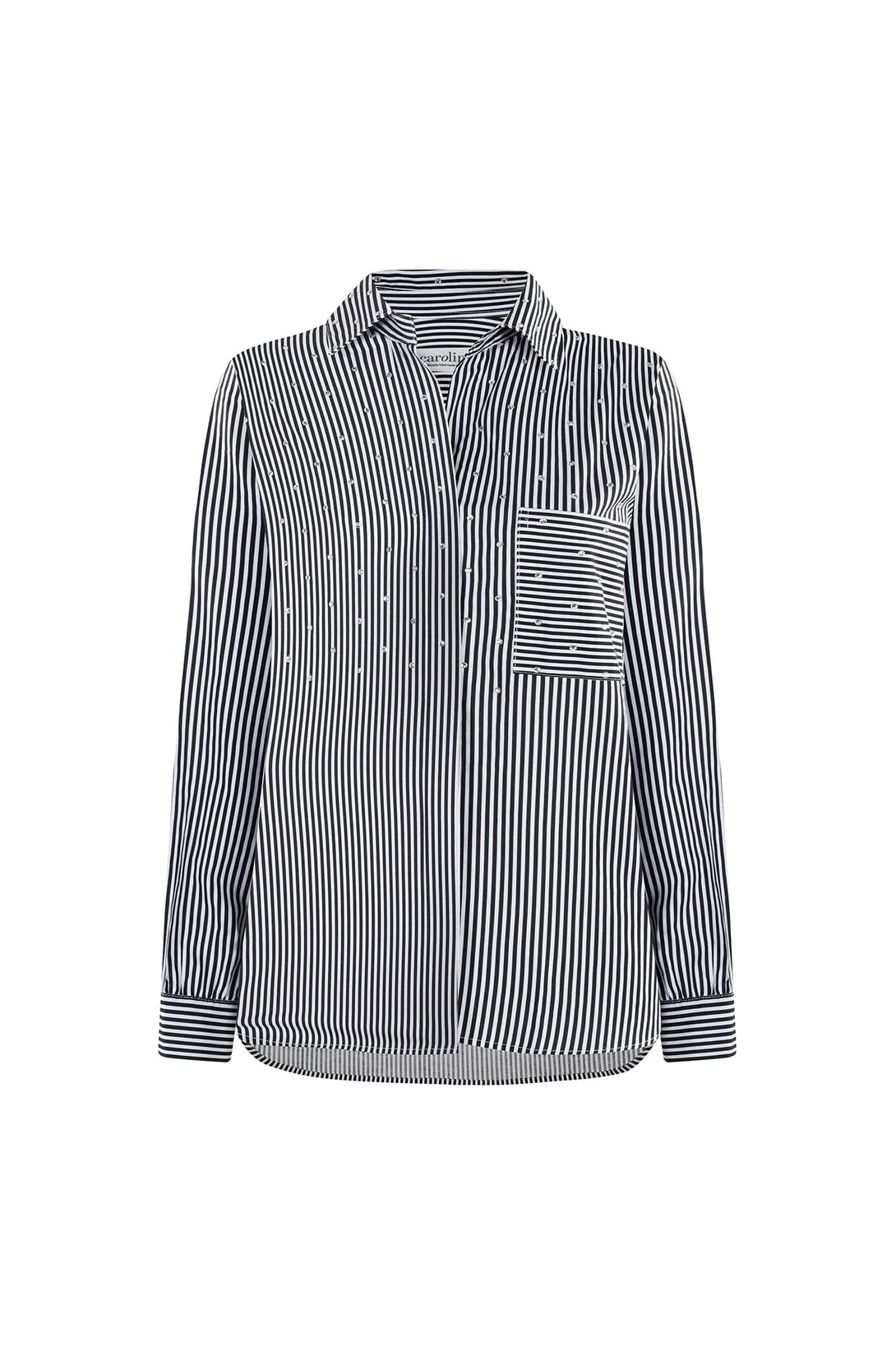 Renata Black and White Striped Collared Shirt Tops | Long Sleeve
