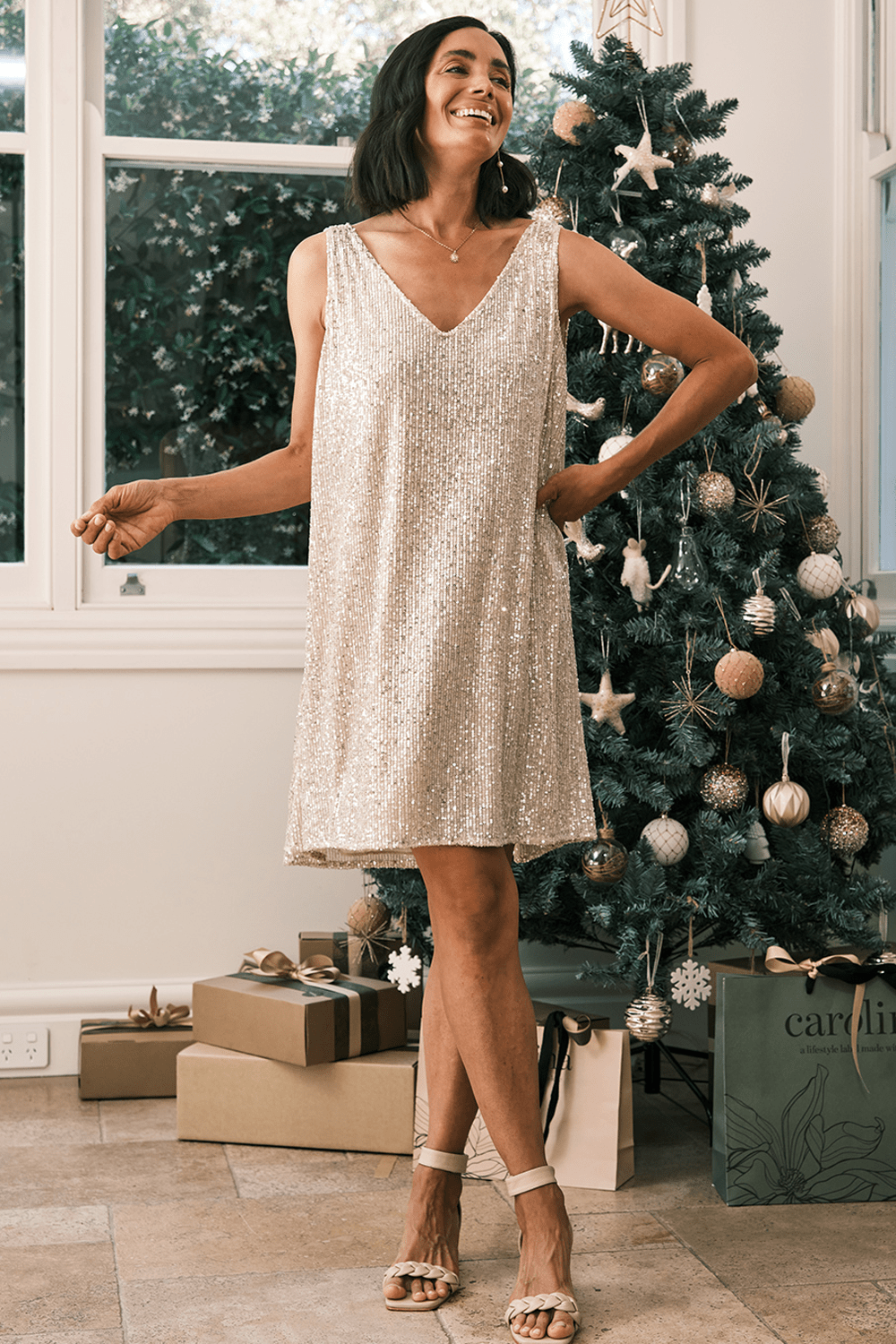 Cynthia Sequin Dress Light Gold Carolina