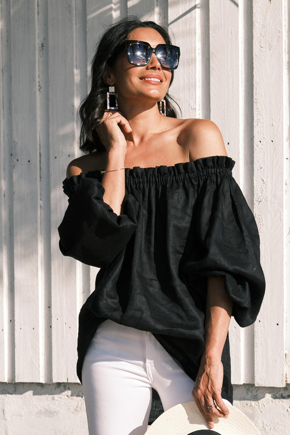 Xenia Off Shoulder Long Sleeve Top Black Linen – Carolina