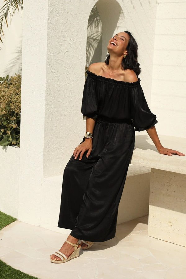 Vittoria Smocked Waist Wide Leg Pants Black Pants