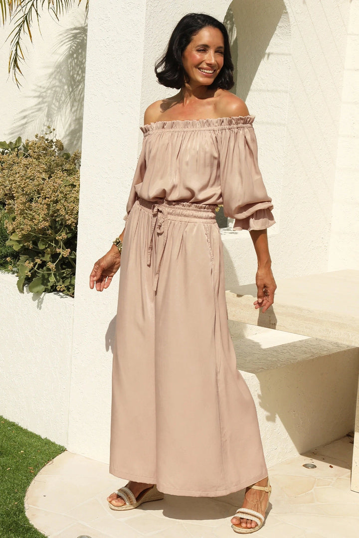 Vittoria Smocked Waist Wide Leg Pants Taupe Pants