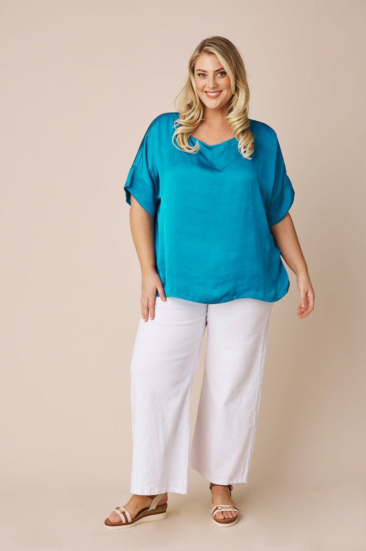 Bianca Short Sleeve Top Capri Blue with V Neck Tops