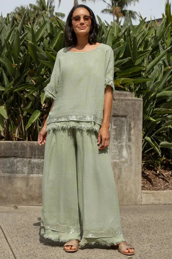 Antonia Linen Short Sleeve Sequinned Top in Mint Tops