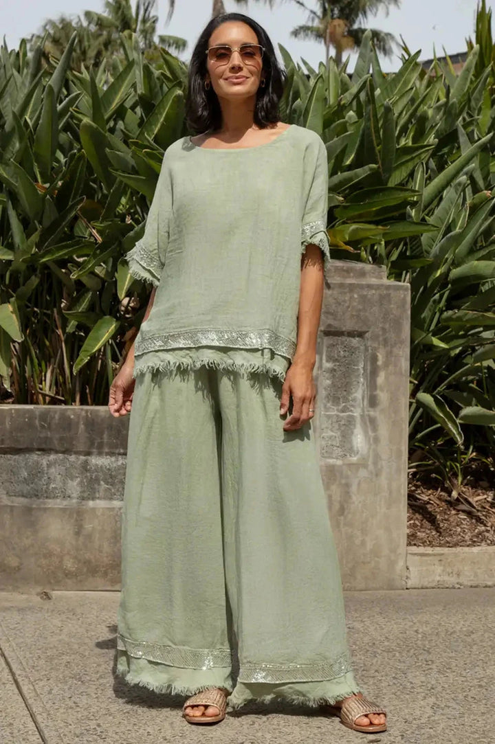 Antonia Linen Short Sleeve Sequinned Top in Mint Tops