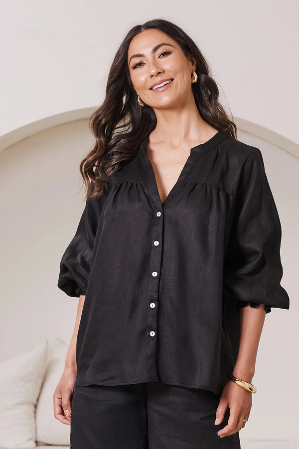 Adriana Long Sleeve Linen Top in Black Tops