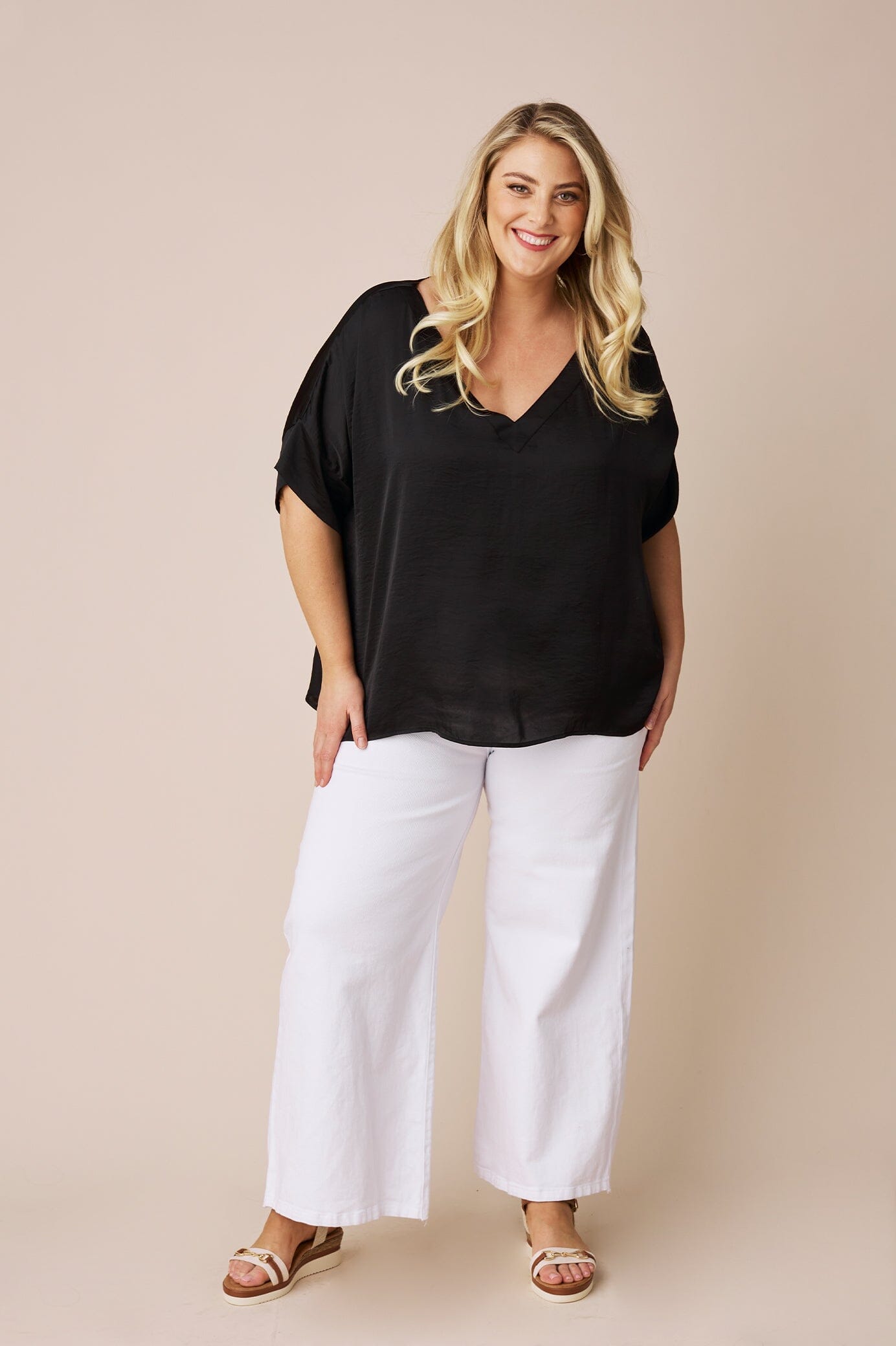 Bianca Short Sleeve Top Black with V Neck Tops