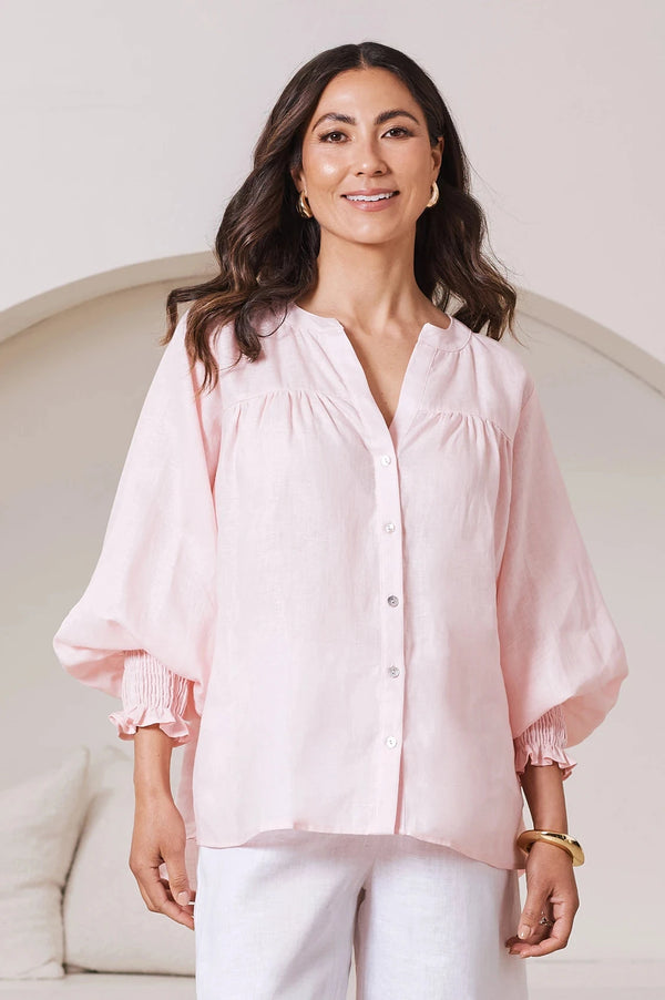 Adriana Long Sleeve Linen Top in Blush Tops