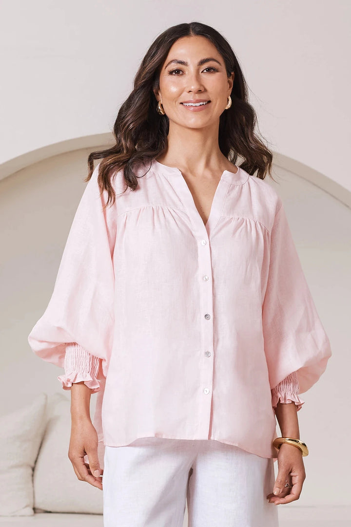 Adriana Long Sleeve Linen Top in Blush Tops