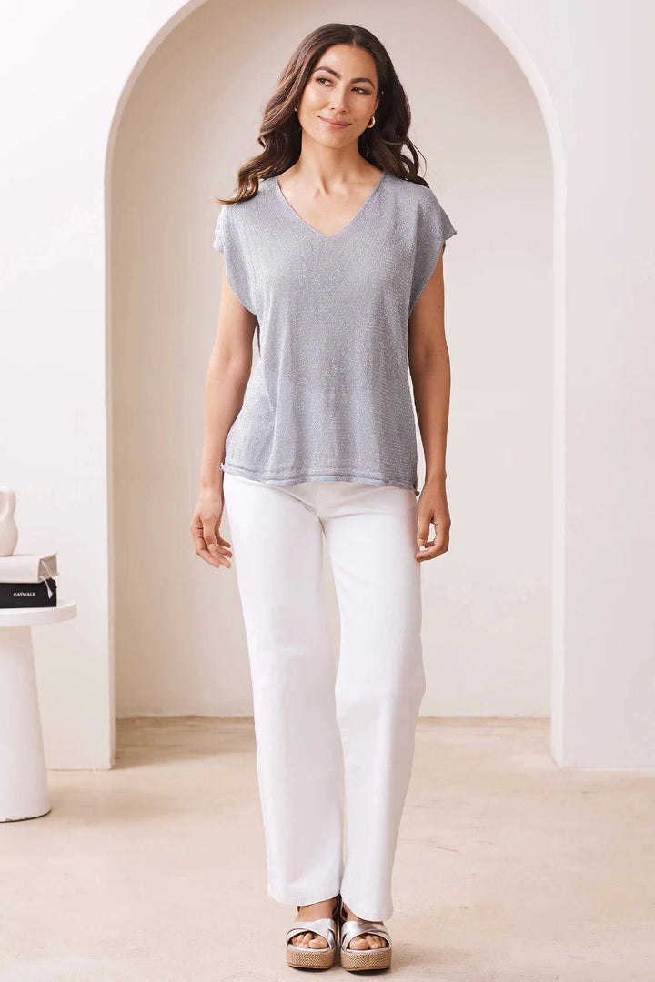 Sally Knitted Capped Sleeve Top Slate Blue Tops