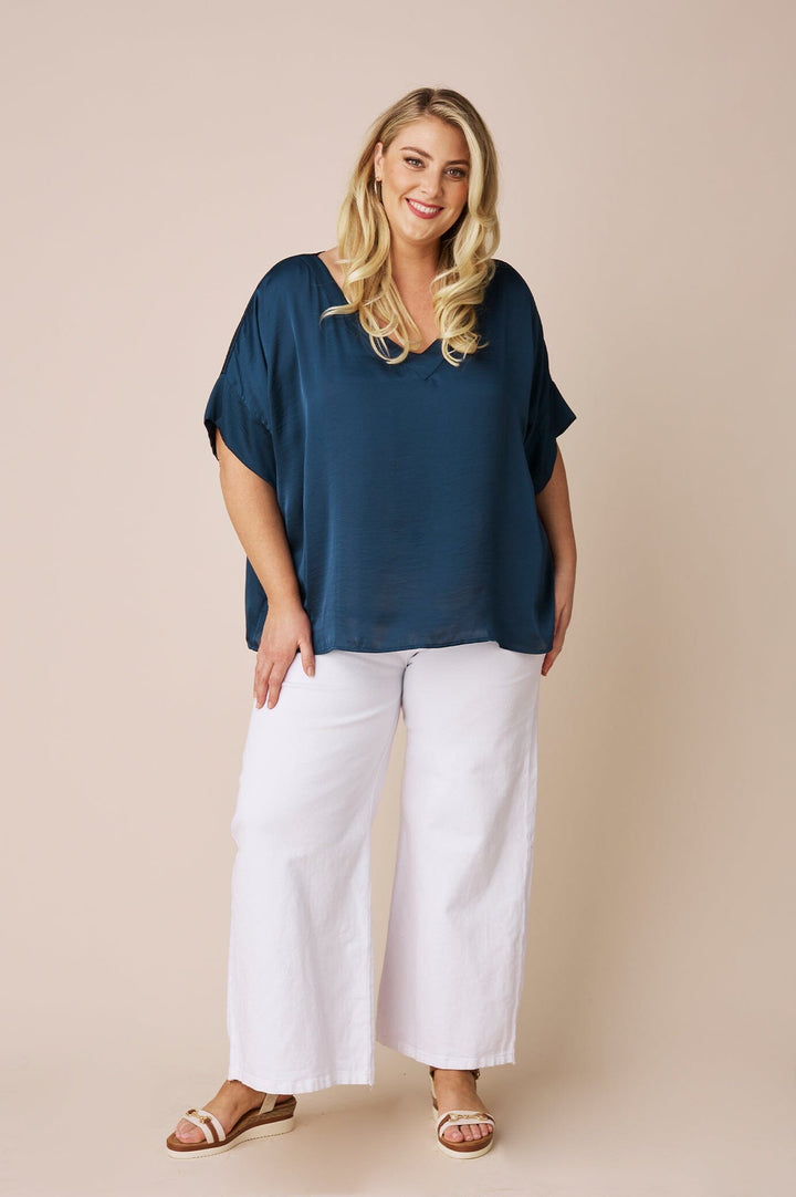 Bianca Short Sleeve Top Navy with V Neck Tops