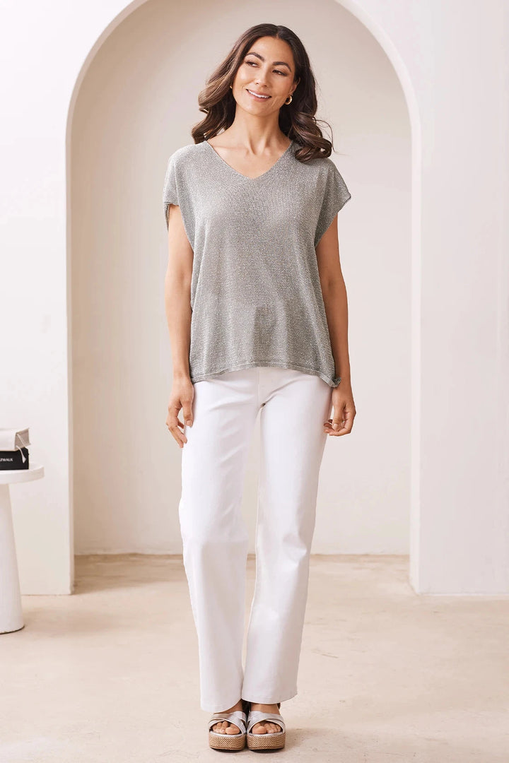 Sally Knitted Capped Sleeve Top Military Green Tops