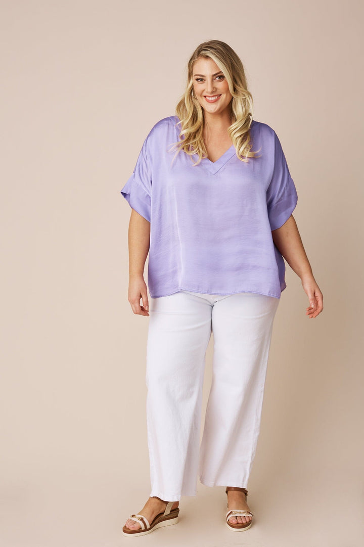 Bianca Short Sleeve Top Lavender with V Neck Tops