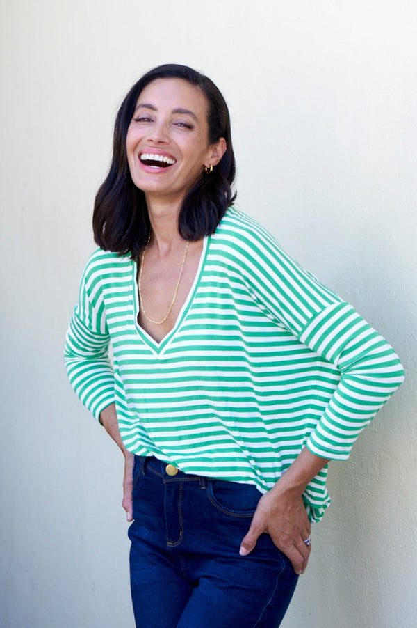 Erica Essential Long Sleeve Top Striped Emerald Tops