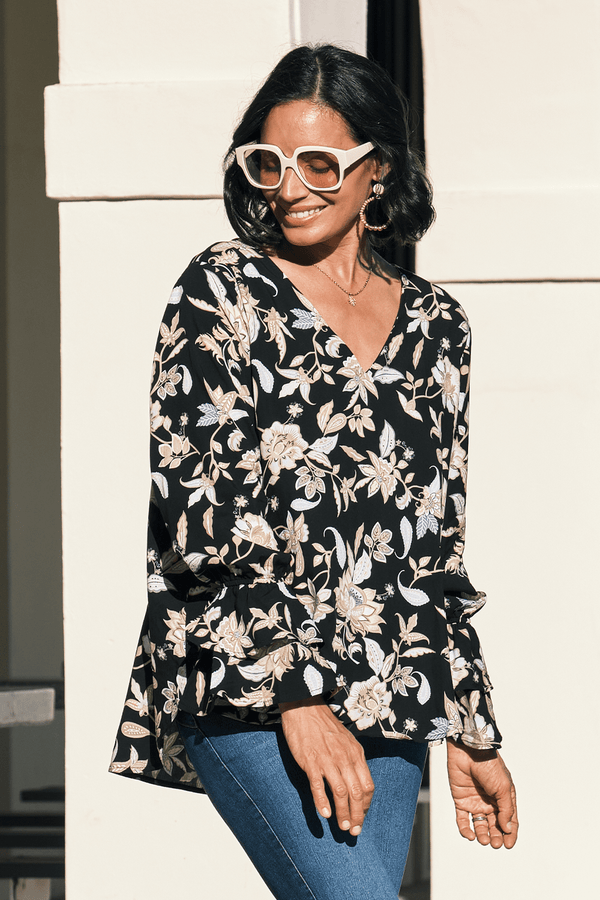 Mina Floral Long Sleeve Top Black Tops