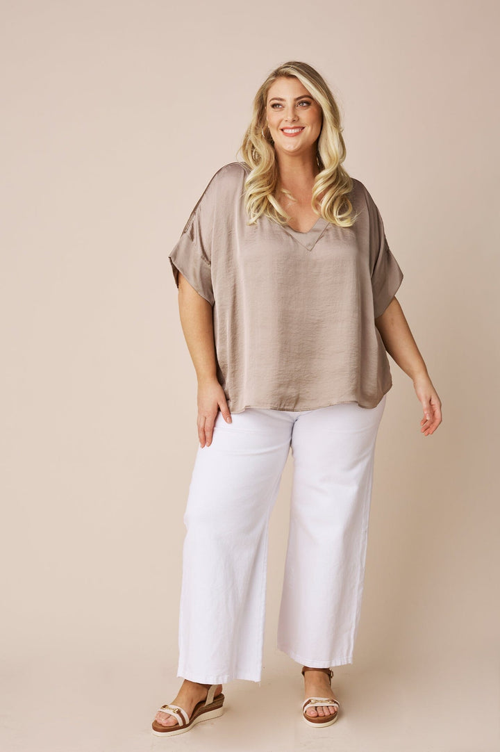 Bianca Short Sleeve Top Almond with V Neck Tops