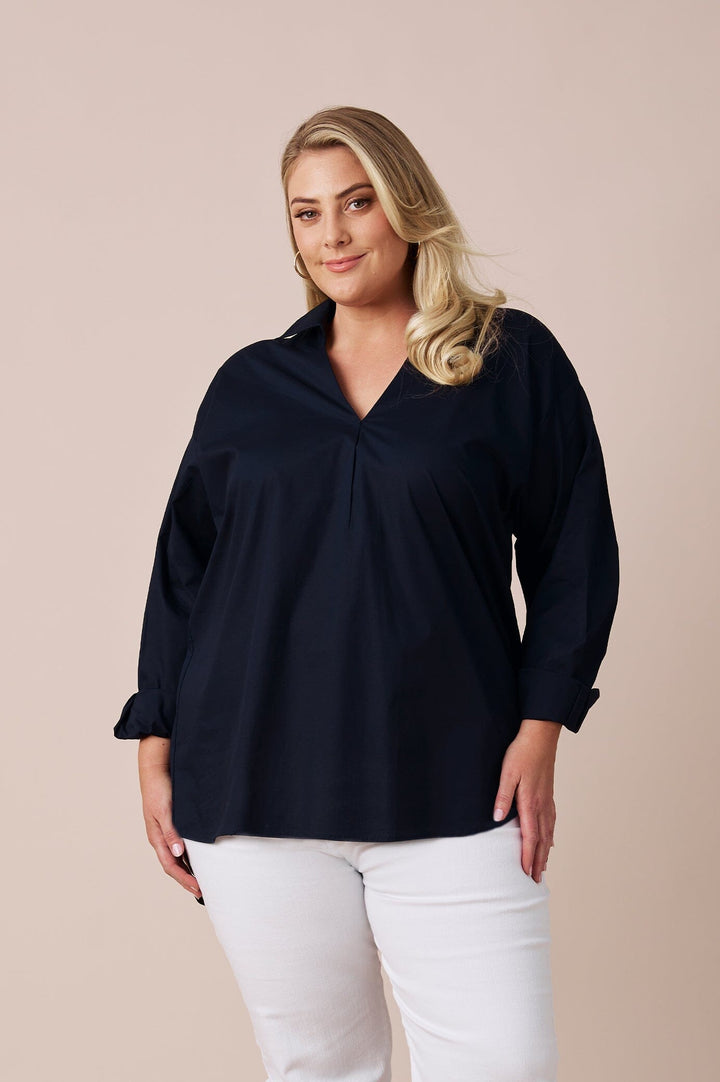 Lynette Collared Long Sleeve Shirt Navy Tops