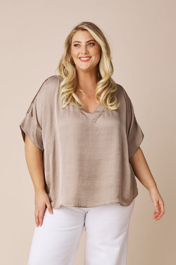 Bianca Short Sleeve Top Almond with V Neck Tops