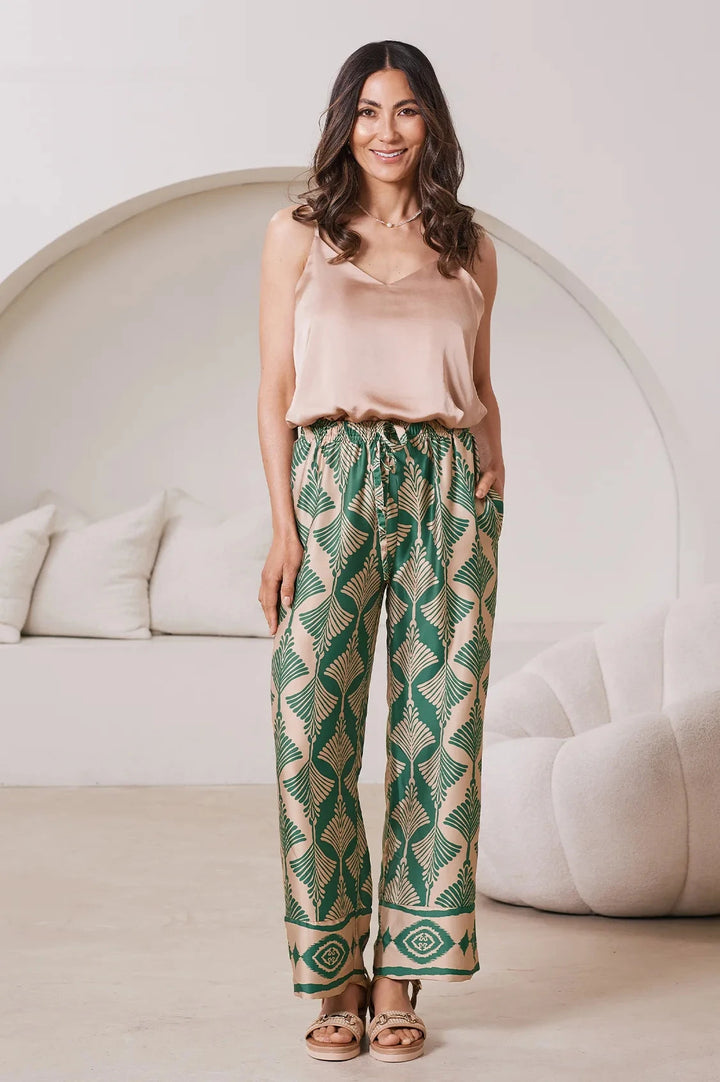 Casey Straight Leg Pants Fan Print in Emerald & Espresso Pants