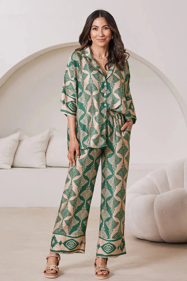 Casey Straight Leg Pants Fan Print in Emerald & Espresso Pants