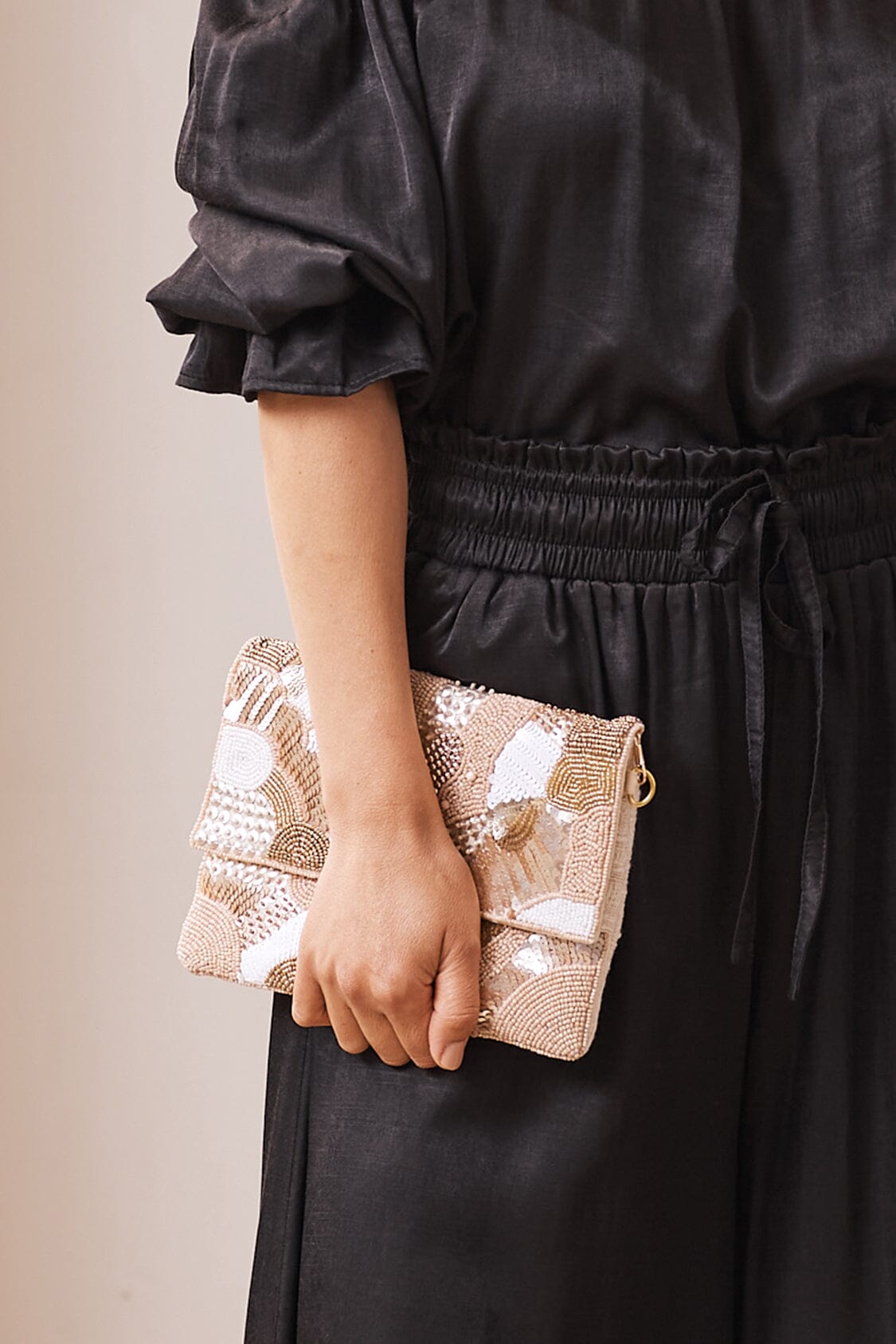 Marina Sequinned & Beaded Crossbody Clutch Bag Champagne Handbags