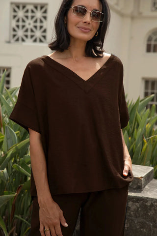 Gemma Short Sleeve V Neck Top Chocolate Brown Tops