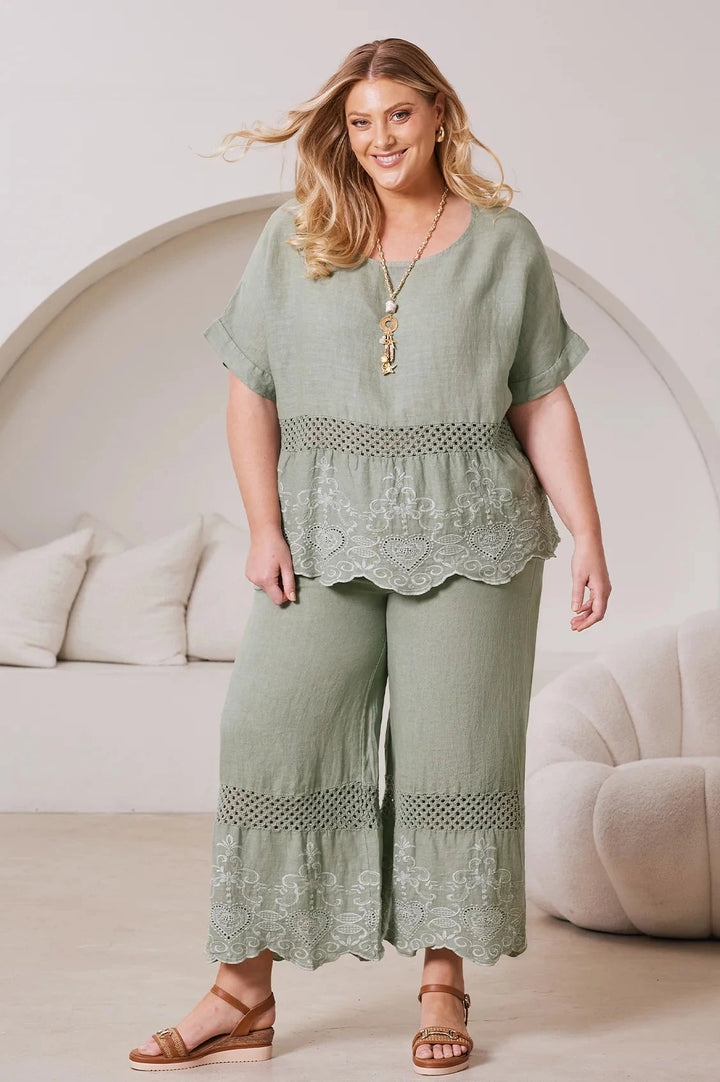 Milania Linen Short Sleeve Crochet Top in Mint Tops