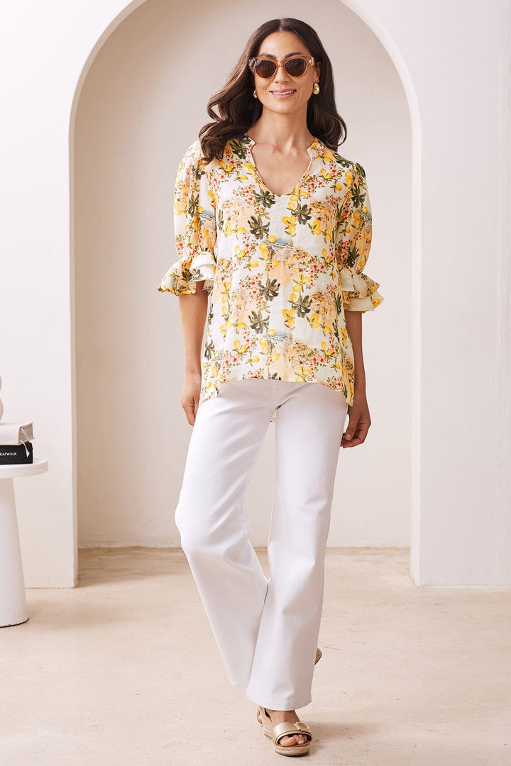 Positano Floral Mid Sleeve V-Neck Linen Top Tops