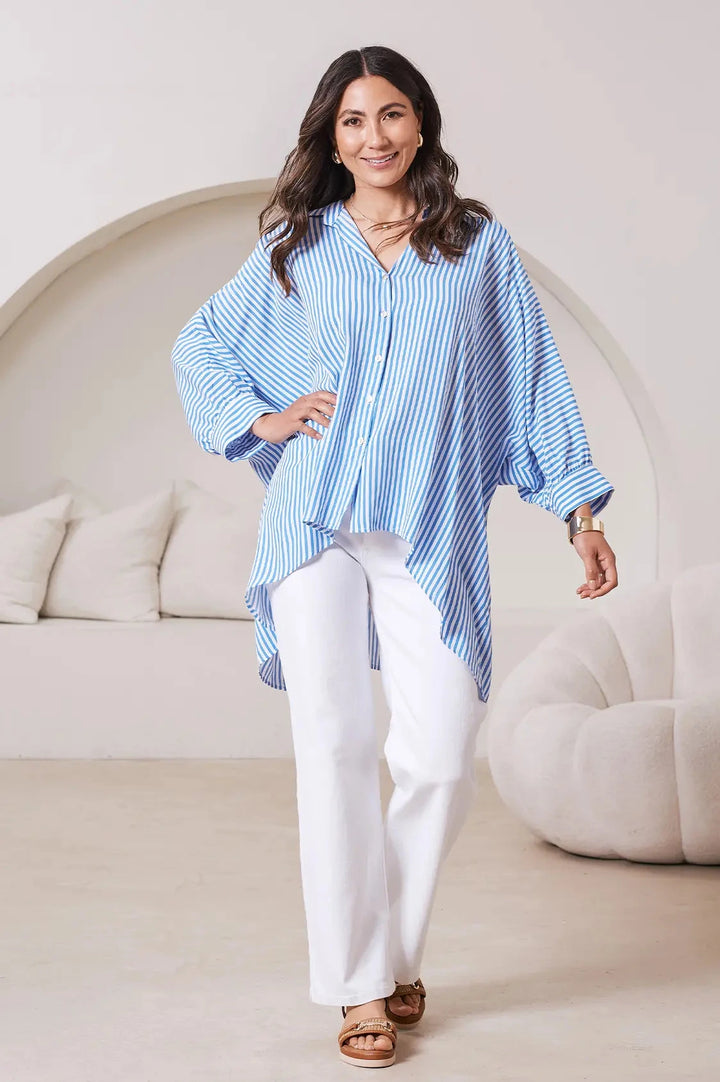 Francesca Striped Relaxed Shirt Blue and White Tops