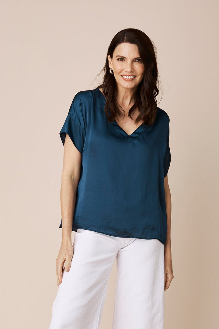 Bianca Short Sleeve Top Navy with V Neck Tops