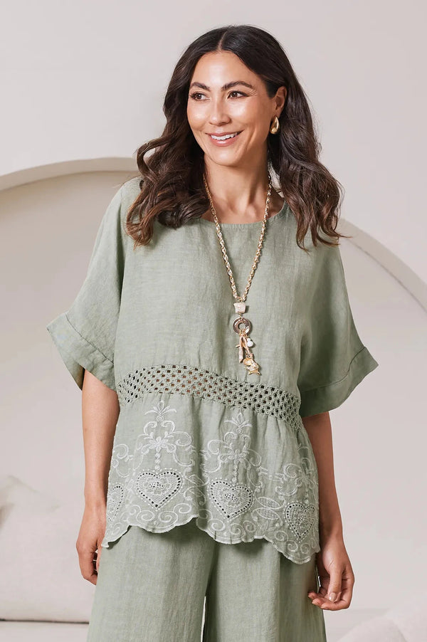 Milania Linen Short Sleeve Crochet Top in Mint Tops