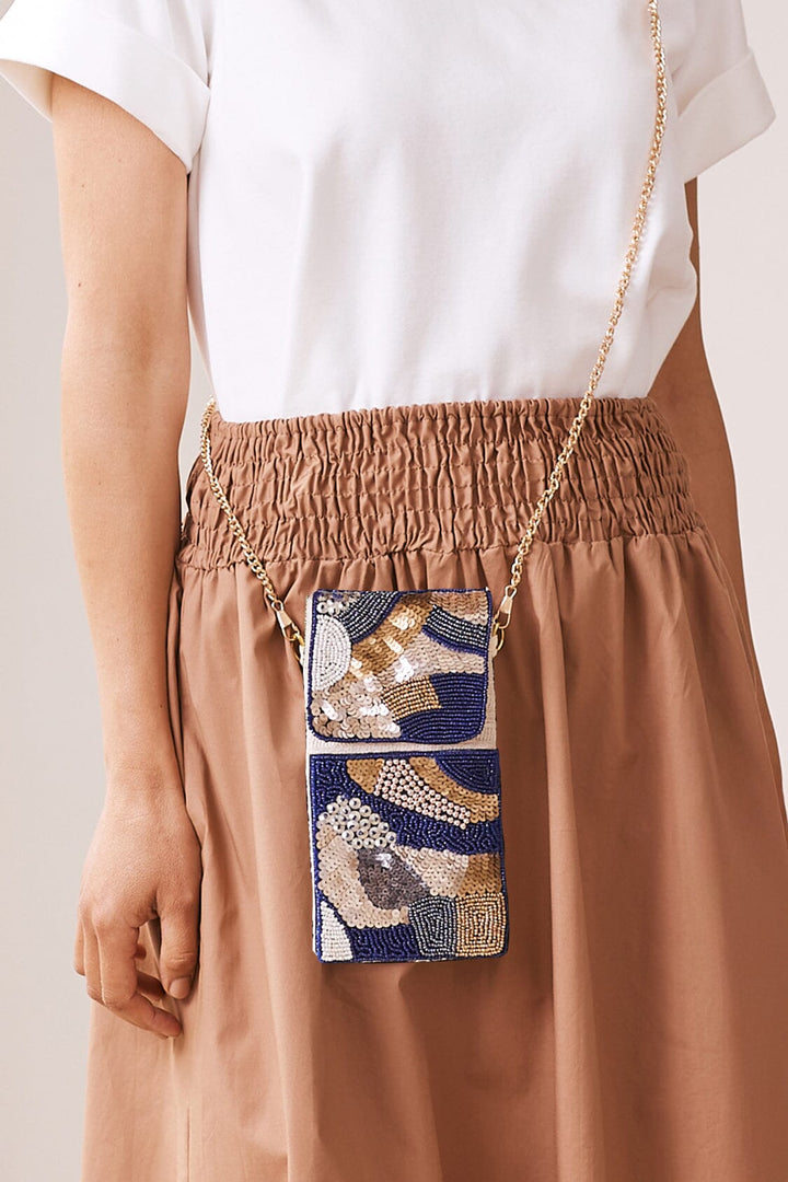 Marina Sequinned & Beaded Crossbody Phone Pouch Navy Handbags