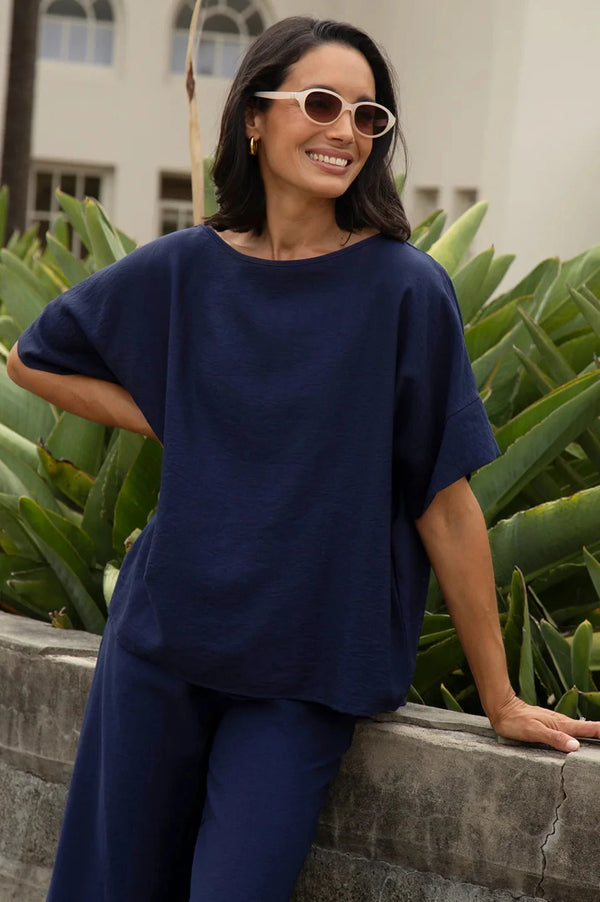 Gemma Short Sleeve Round Neck Top Navy Tops