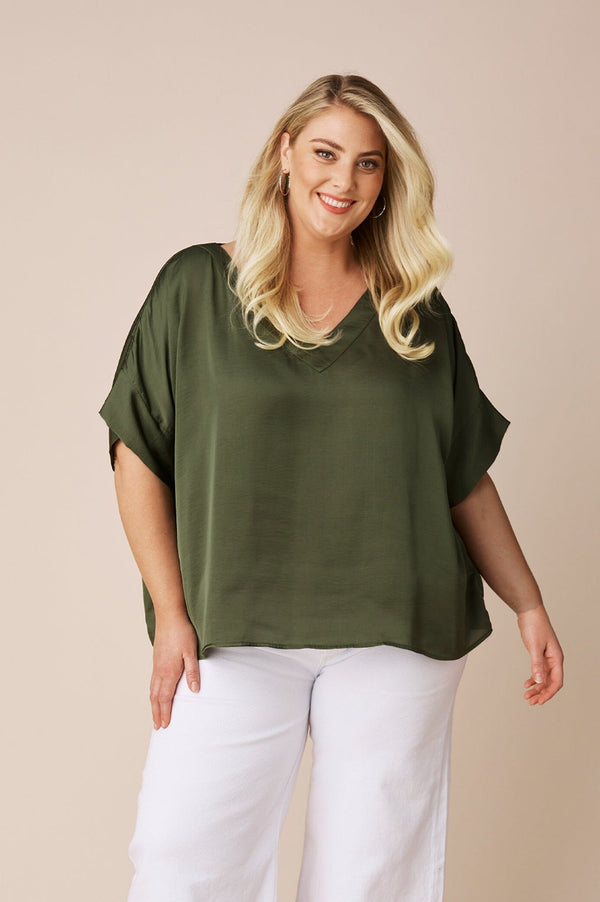 Bianca Short Sleeve Top Olive with V Neck Tops