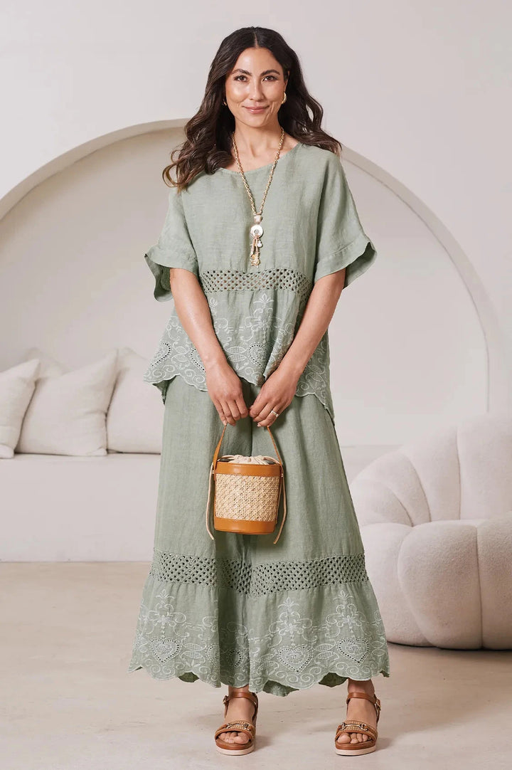 Milania Linen Short Sleeve Crochet Top in Mint Tops