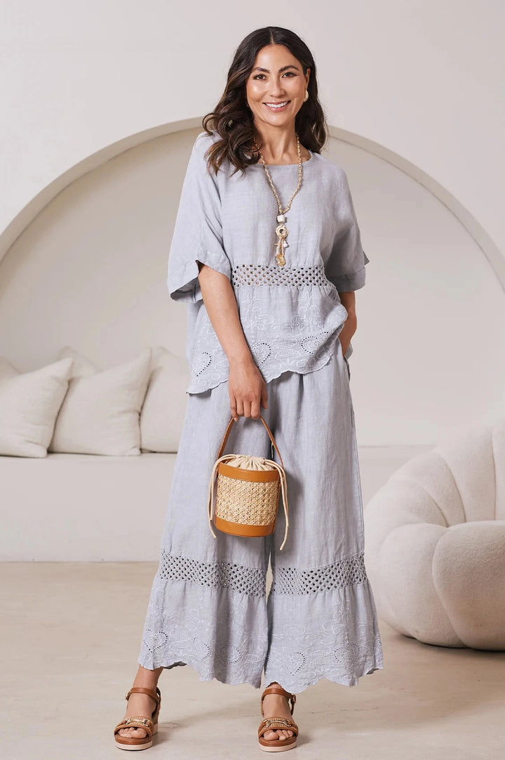 Milania Linen Short Sleeve Crochet Top in Light Grey Tops