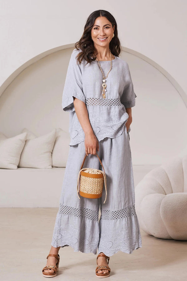 Milania Wide Leg Linen Crochet Pants in Light Grey Pants