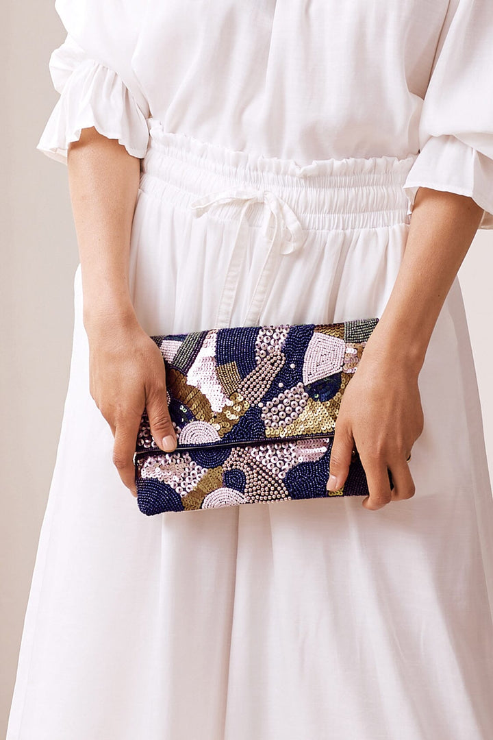 Marina Sequinned & Beaded Crossbody Clutch Bag Navy Handbags