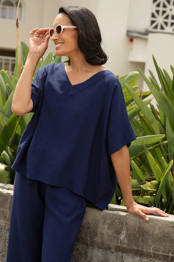 Gemma Short Sleeve V Neck Top Navy Tops