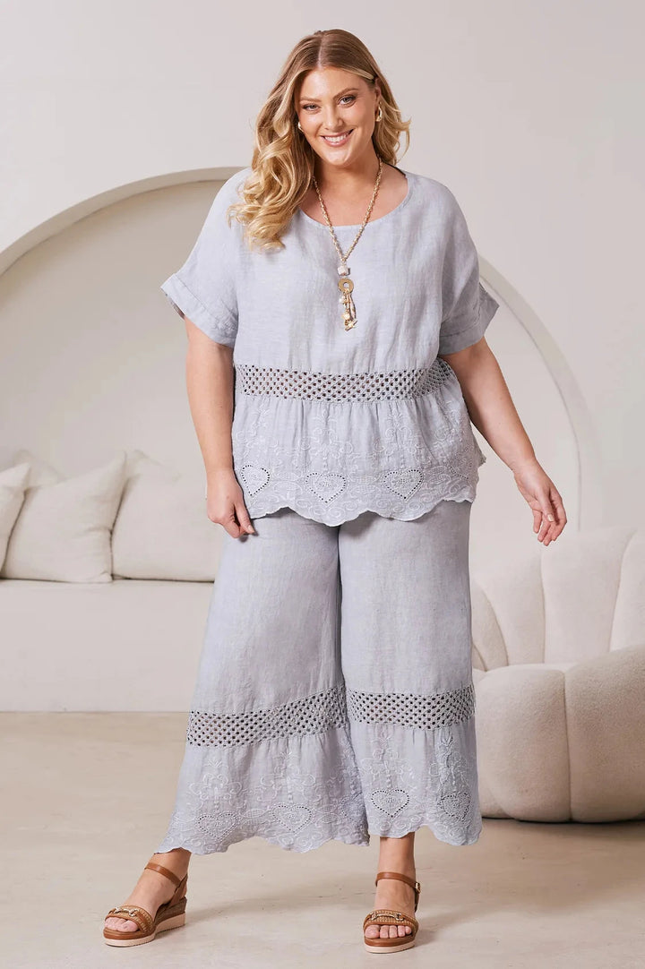 Milania Linen Short Sleeve Crochet Top in Light Grey Tops