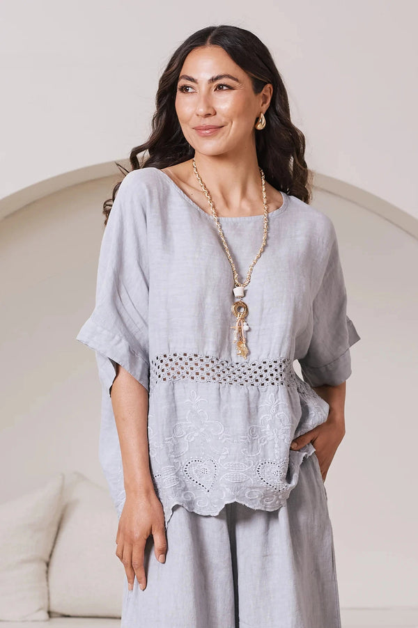 Milania Linen Short Sleeve Crochet Top in Light Grey Tops