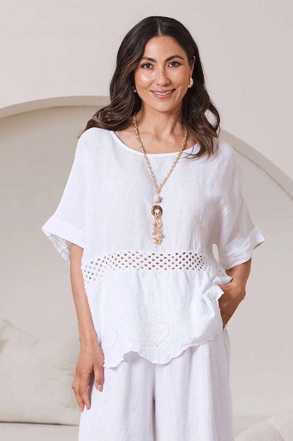 Milania Linen Short Sleeve Crochet Top in White Tops