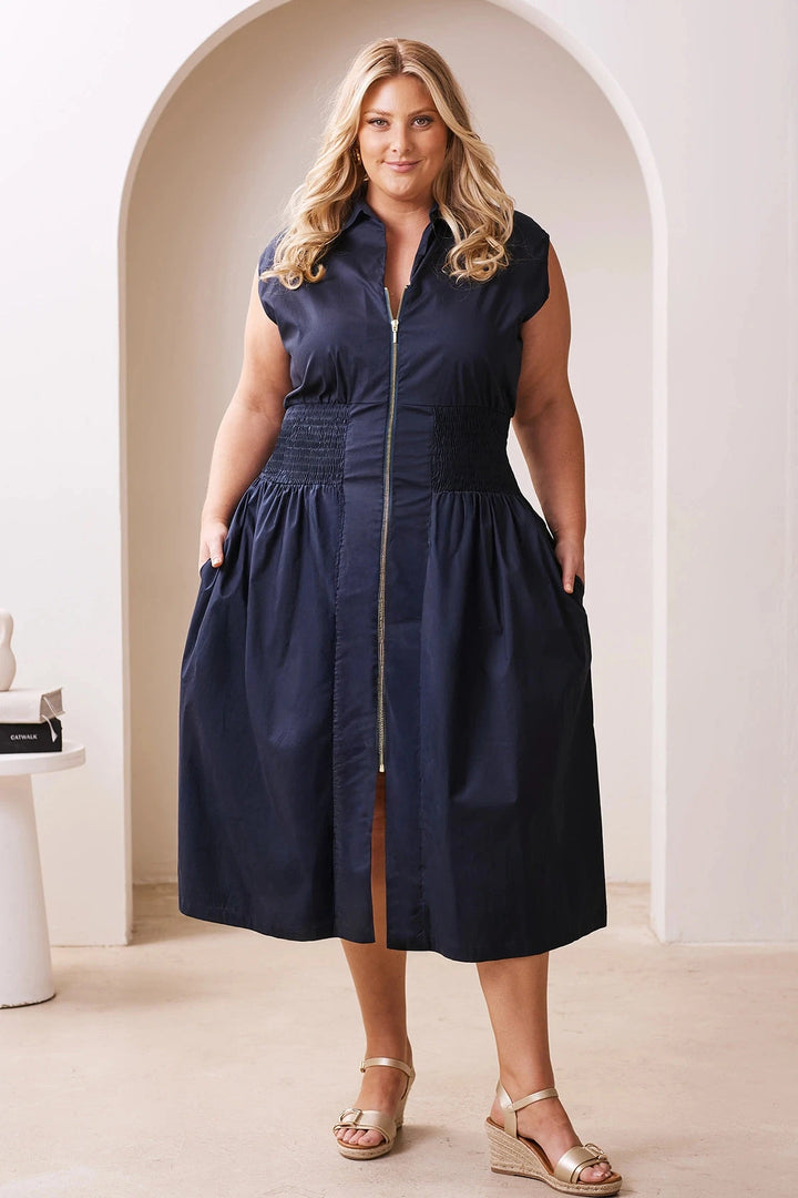 Laura Sleeveless Smocked Waist Zip Front Midi Dress Navy Dress