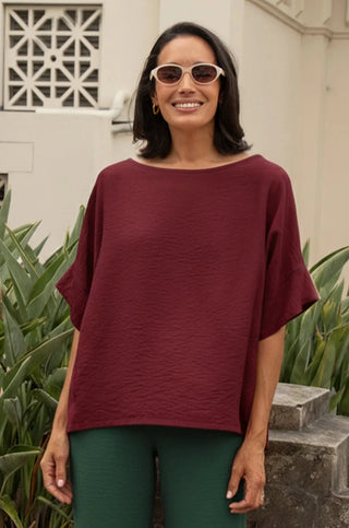 Gemma Short Sleeve Round Neck Top Burgundy Tops