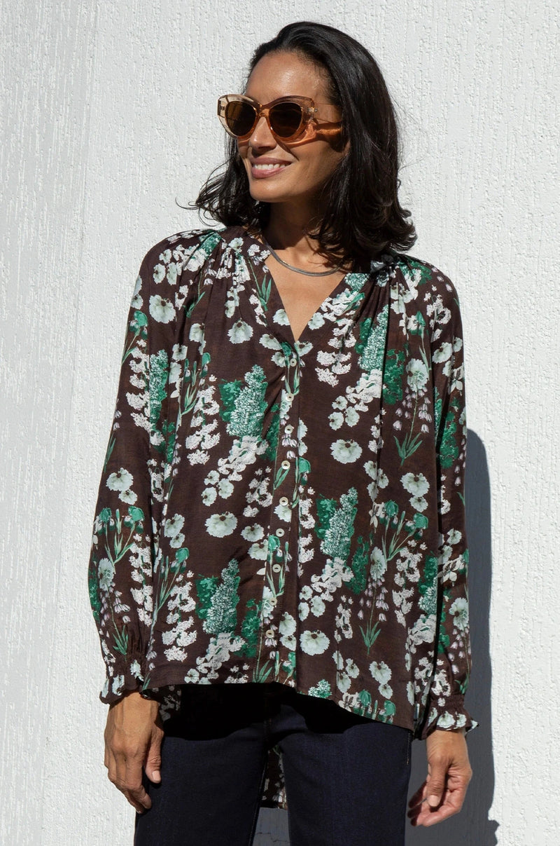 Lissy Floral Long Sleeve Top Brown Tops