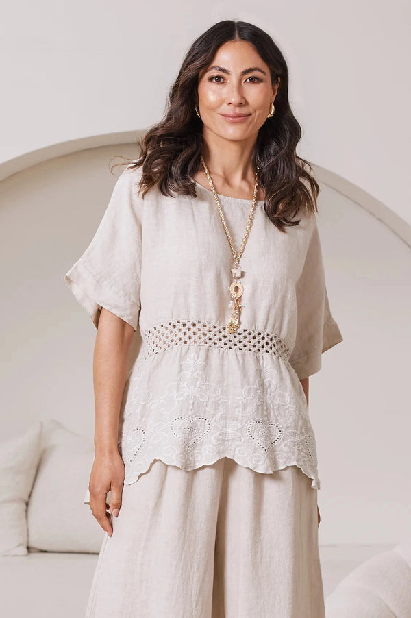 Milania Linen Short Sleeve Crochet Top in Oatmeal Tops