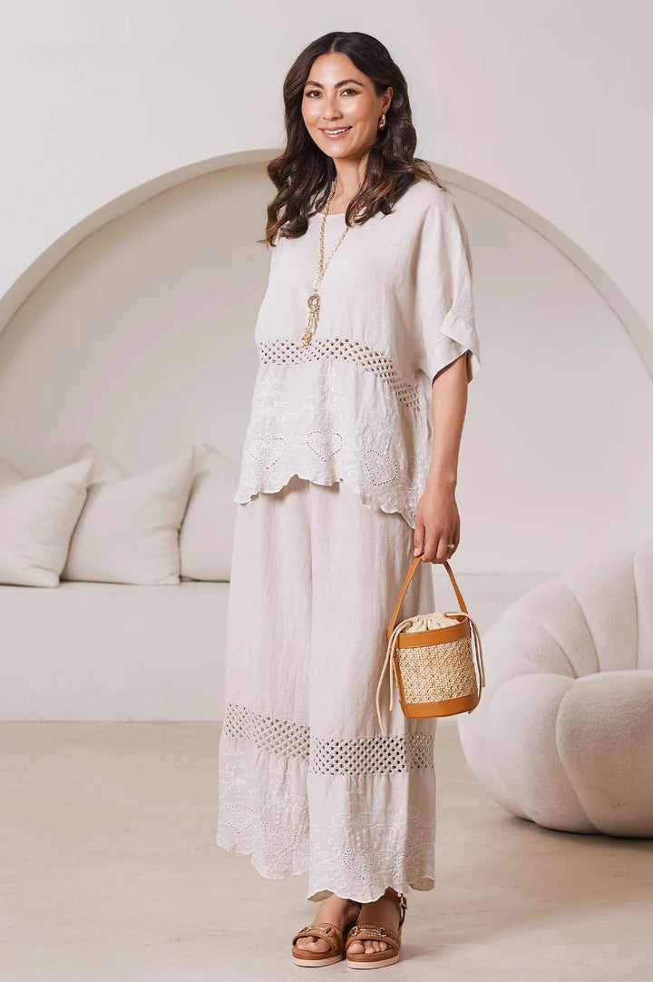 Milania Linen Short Sleeve Crochet Top in Oatmeal Tops
