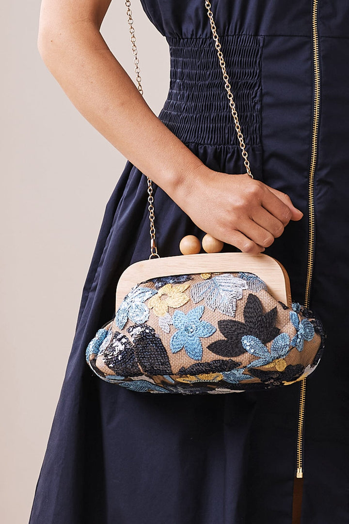 Nancy Floral Sequinned Clutch Bag Blue Handbags